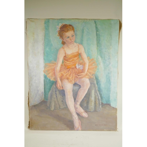 836 - Portrait of a young ballerina, signed Bess Defries Brady, artist's label verso, unframed oil on canv... 