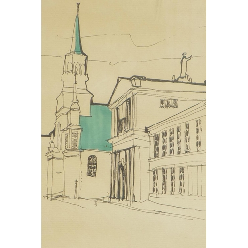 837 - An ink and wash drawing, street scene with church, titled 'View Montreal Rue St Paul', 10/6/69, sign... 