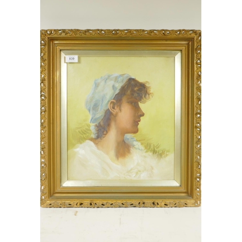 839 - Portrait of a young woman, C19th, oil on canvas, in a good pierced gilt frame, 14