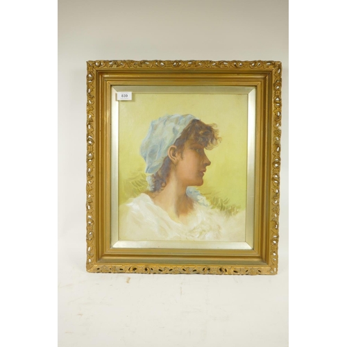 839 - Portrait of a young woman, C19th, oil on canvas, in a good pierced gilt frame, 14