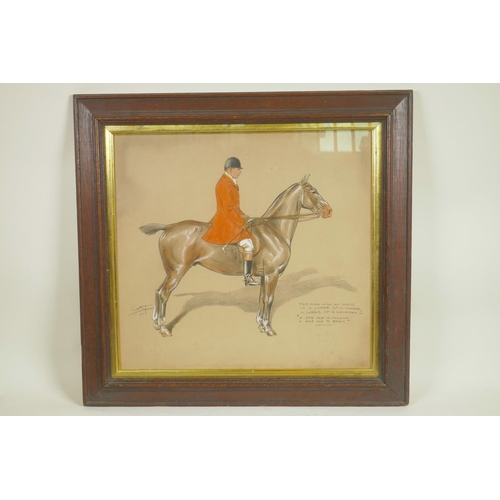 845 - An early C20th hand coloured print, portrait of a gentleman on a horse, 14