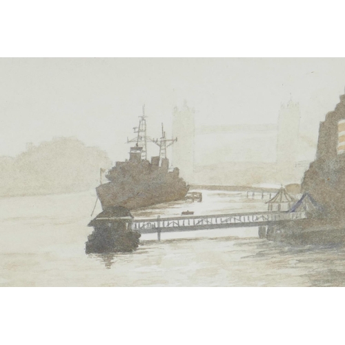 859 - R. Blundell, warships docked on the Thames near Tower Bridge, signed, monochrome watercolour, 11