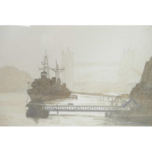 859 - R. Blundell, warships docked on the Thames near Tower Bridge, signed, monochrome watercolour, 11