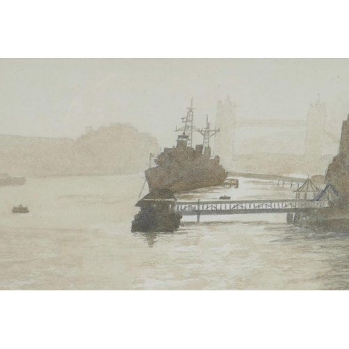 859 - R. Blundell, warships docked on the Thames near Tower Bridge, signed, monochrome watercolour, 11