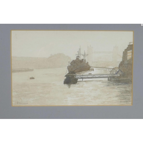 859 - R. Blundell, warships docked on the Thames near Tower Bridge, signed, monochrome watercolour, 11