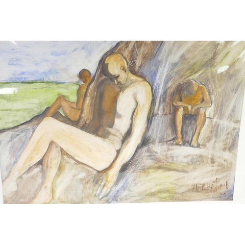 860 - Baron Avro Manhattan, nude figures sitting on a beach, mixed media painting, 28