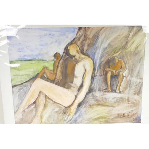 860 - Baron Avro Manhattan, nude figures sitting on a beach, mixed media painting, 28