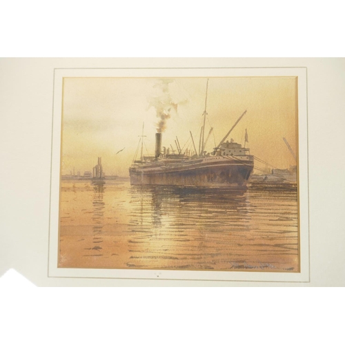 866 - Joe Francis Dowden, freight ship preparing to leave port at sunset, signed, watercolour, 8