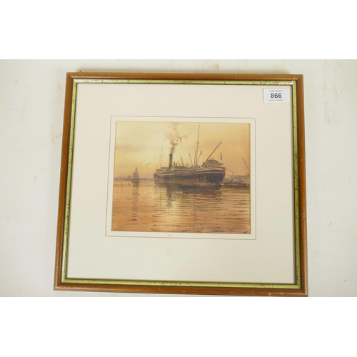 866 - Joe Francis Dowden, freight ship preparing to leave port at sunset, signed, watercolour, 8