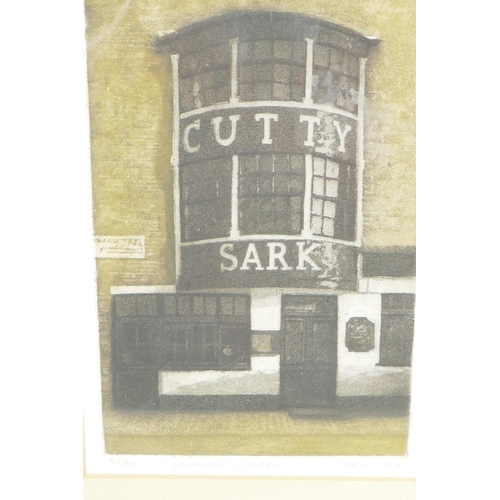 873 - Joanna Irwin, limited edition etching of the Cutty Sark entrance at Greenwich, signed in pencil, tit... 