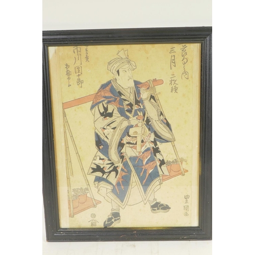 875 - A late C18th/early C19th Japanese woodblock colour print of a gardener, signed and described in scri... 