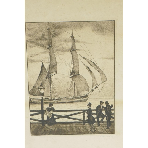 876 - A black and white etching, figures on a dock watching a Baltic sailing cutter, pencil signed Moller-... 