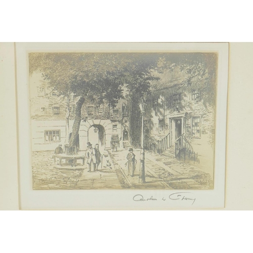 878 - A French sepia etching of a village square in the sunshine, signed in pencil, 5