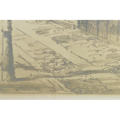 878 - A French sepia etching of a village square in the sunshine, signed in pencil, 5