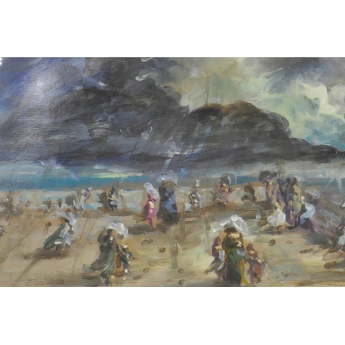 879 - French impressionist style landscape with figures on a promenade, indistinctly signed, oil on paper,... 