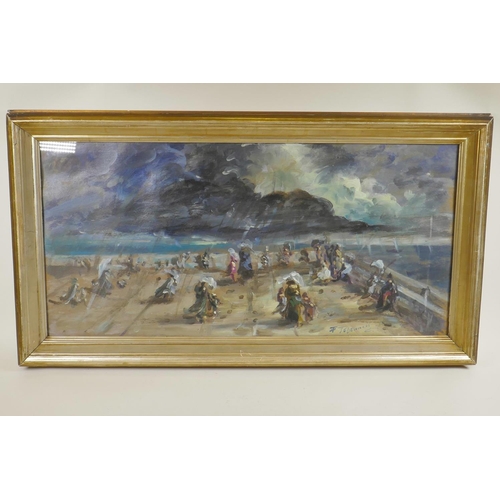 879 - French impressionist style landscape with figures on a promenade, indistinctly signed, oil on paper,... 