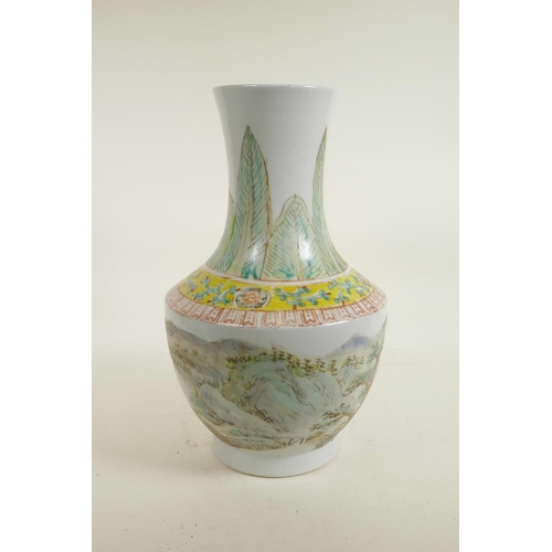 88 - A Chinese polychrome porcelain vase decorated with landscape scenes, inscription verso, 6 character ... 