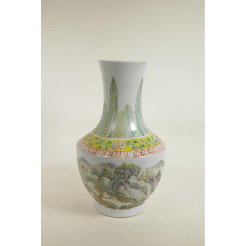 88 - A Chinese polychrome porcelain vase decorated with landscape scenes, inscription verso, 6 character ... 