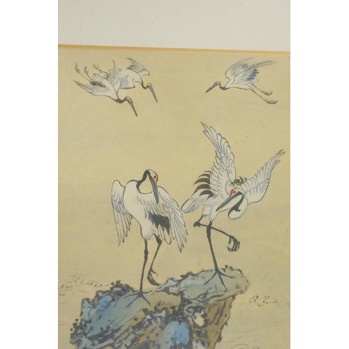 881 - A Japanese watercolour on silk of nesting cranes, signed, 4½