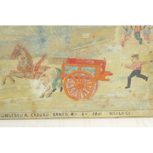 887 - Nicolisi, the runaway cart with angelic figures upper right, allegorical oil on wooden panel, C19th,... 