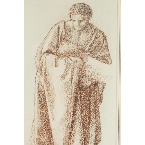 888 - In the Pre-Raphaelite style, 'A figure with draped robes holding a baby', red chalk and pencil on la... 