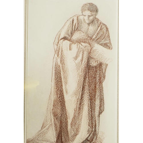 888 - In the Pre-Raphaelite style, 'A figure with draped robes holding a baby', red chalk and pencil on la... 