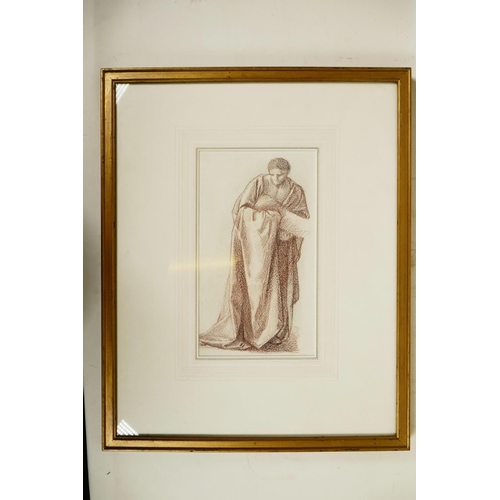 888 - In the Pre-Raphaelite style, 'A figure with draped robes holding a baby', red chalk and pencil on la... 