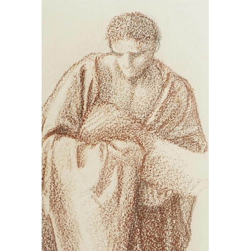 888 - In the Pre-Raphaelite style, 'A figure with draped robes holding a baby', red chalk and pencil on la... 