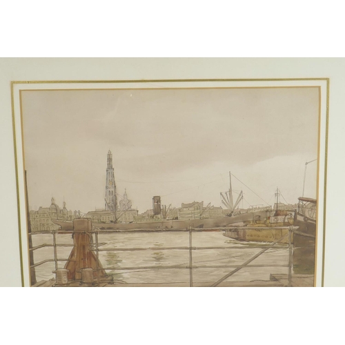 890 - A sepia watercolour of a dock scene in Antwerp, 14