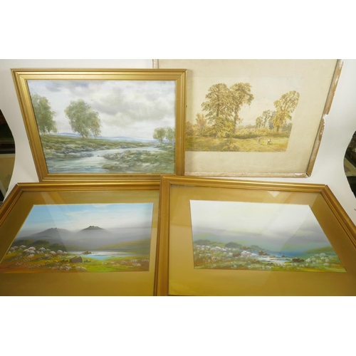 895 - Three pictures, Frank Holme, pair of moorland landscapes, gouache, 17