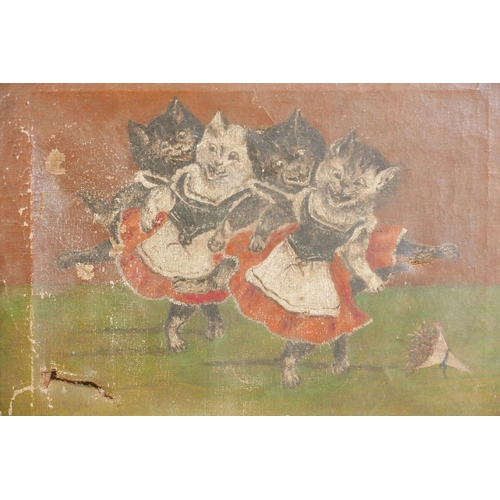 903 - Dancing cats, in the manner of Louis Wain, oil on canvas, unsigned, late C19th/early C20th, A/F, 14