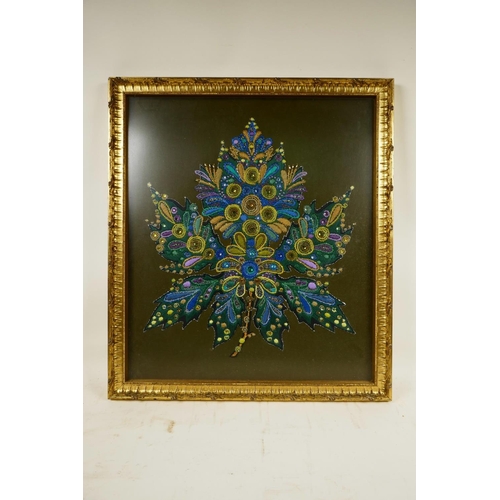 904 - A late 1970s embroidery of a maple leaf, with applique sequins and silk thread in vibrant purple, te... 