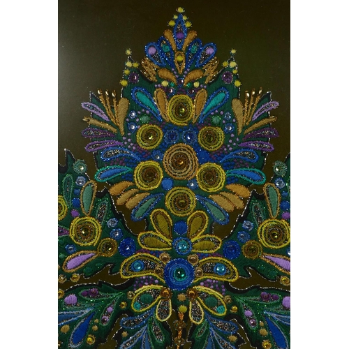 904 - A late 1970s embroidery of a maple leaf, with applique sequins and silk thread in vibrant purple, te... 