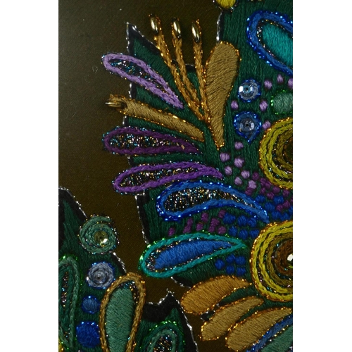 904 - A late 1970s embroidery of a maple leaf, with applique sequins and silk thread in vibrant purple, te... 