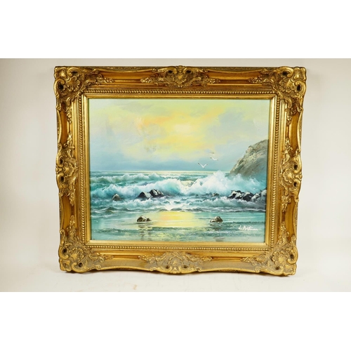 908 - L. Portman (fl. C20th), Sea Spray and Seagulls', signed lower right, oil on canvas, in good moulded ... 