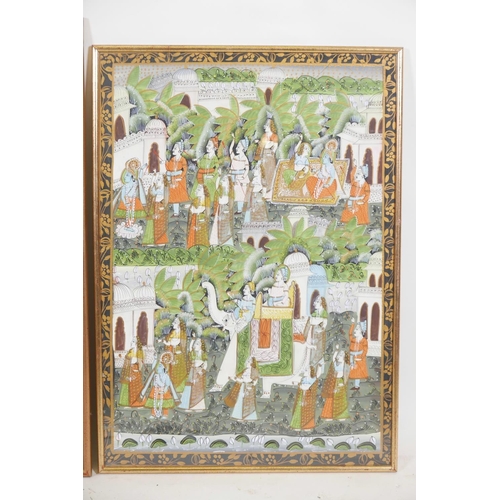 915 - An Indian painting on silk depicting a procession with figures, elephants and flying carpets, togeth... 