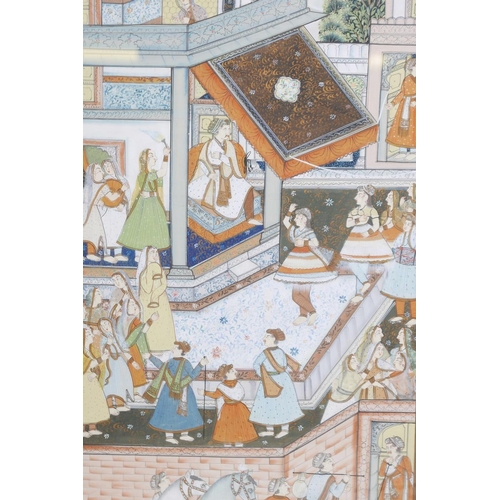 915 - An Indian painting on silk depicting a procession with figures, elephants and flying carpets, togeth... 