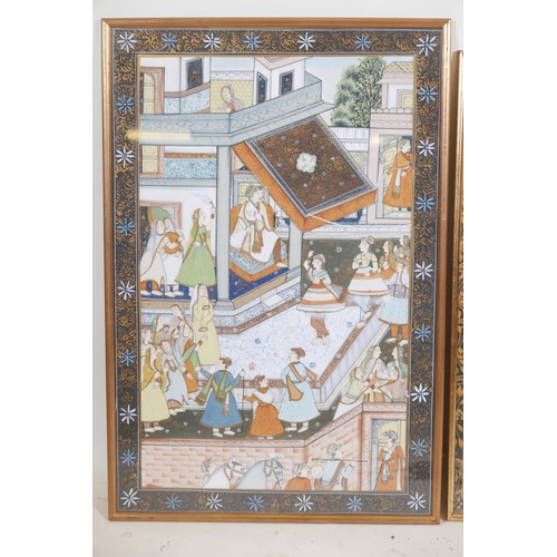 915 - An Indian painting on silk depicting a procession with figures, elephants and flying carpets, togeth... 