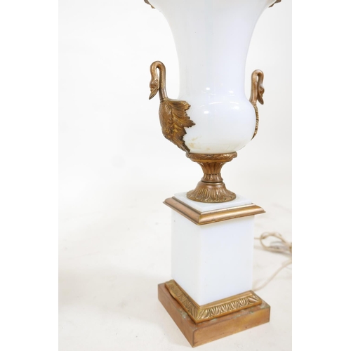 99 - A pair of opaline glass and gilt metal mounted table lamps, one A/F broken top, 17