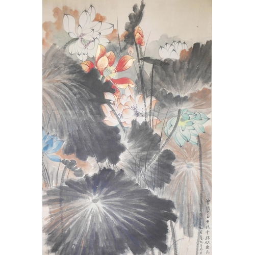 13 - A Chinese watercolour scroll decorated with multicoloured lotus flowers, 25