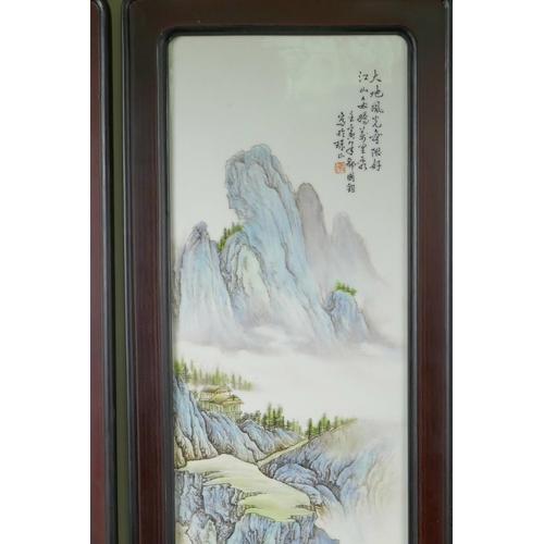 20 - A pair of Chinese Republic style porcelain panels decorated with famille verte mountain landscape sc... 