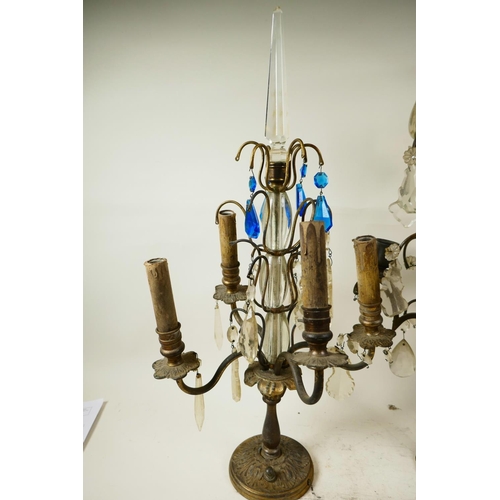 26 - Two similar brass and crystal drop table candelabra lamps, A/F, 21