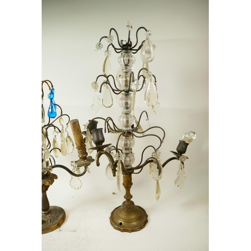 26 - Two similar brass and crystal drop table candelabra lamps, A/F, 21