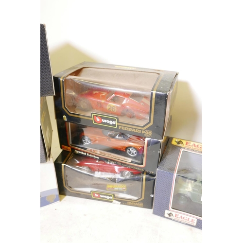 4 - Fourteen 1.18 scale model cars including a Ferrari, Land Rover etc, Eagle, Burago and Maisto, thirte... 