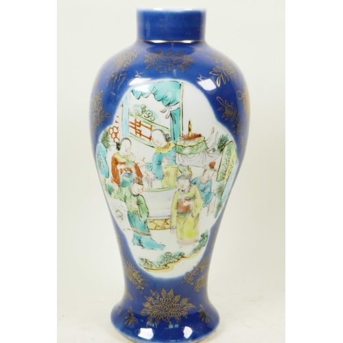 59 - A Chinese blue lustre glazed baluster vase decorated with panels of figures in garden scenes, 10½