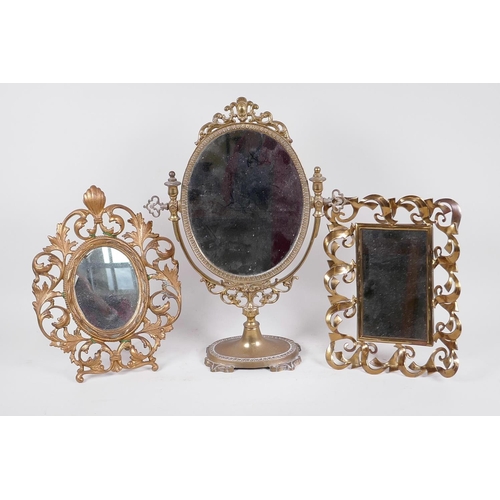 201 - Three gilt metal framed dressing table mirrors, pedestal mirror 15½