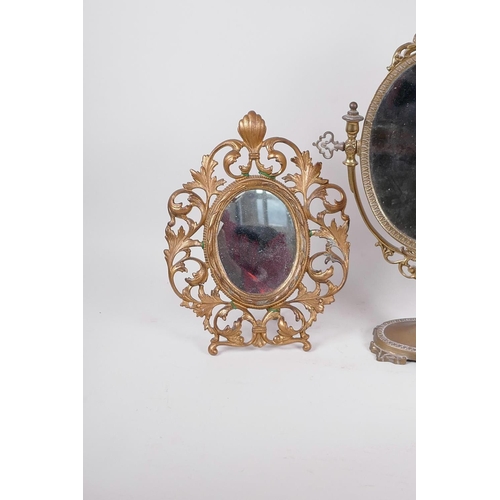 201 - Three gilt metal framed dressing table mirrors, pedestal mirror 15½