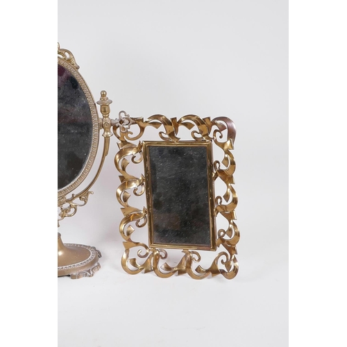 201 - Three gilt metal framed dressing table mirrors, pedestal mirror 15½