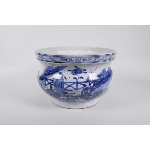 203 - An antique Chinese blue and white porcelain jardiniere decorated with figures in a garden, seal mark... 