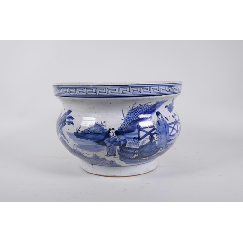 203 - An antique Chinese blue and white porcelain jardiniere decorated with figures in a garden, seal mark... 